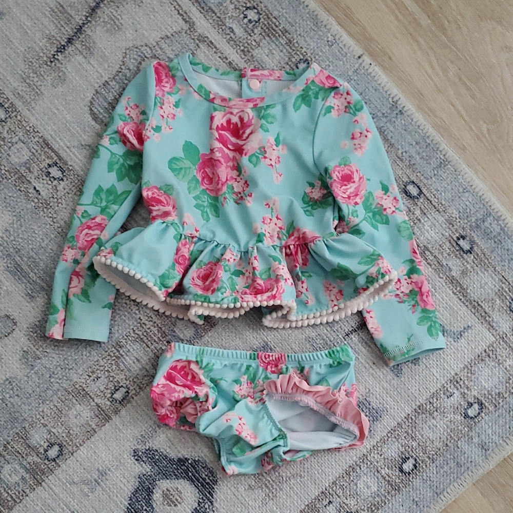 Mud Pie Baby Girl Long Sleeve Floral Ruffle Long Sleeve 2-piece Swimsuit Sz12-18